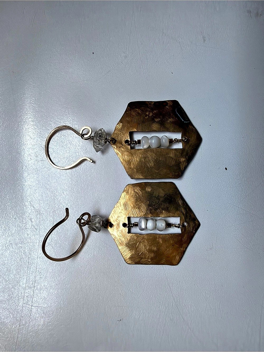 Gold & White Handcrafted Dangle Earrings